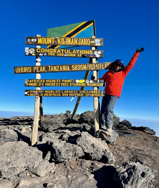 Patient making it to the top of Mount Kilimanjaro after breast cancer diagnosis, surgery with Prof Zoe Winters and Chemotherapy